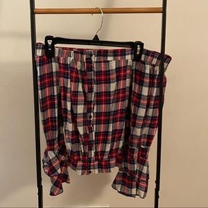 Off the Shoulder Plaid Long Sleeve Top -M